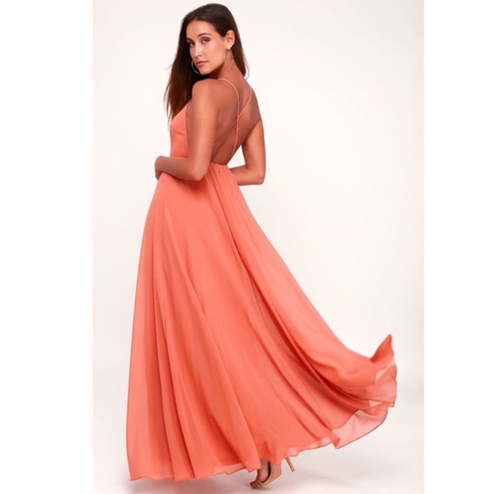 Coral pink pleated full skirt maxi dress open back - Picture 5 of 5